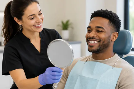 Dental patient in chair during porcelain crown procedure
